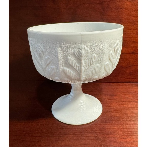 Vintage FTD 1975 Milk Glass Oak Leaf -Fern Compote Candy Dish Bowl 6" H X 6" W - Picture 1 of 8